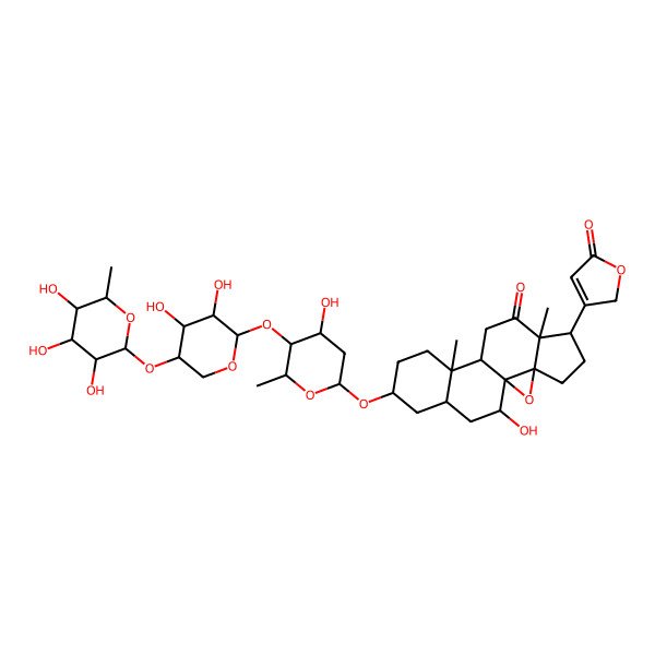 2D Structure of 14-[5-[3,4-dihydroxy-5-(3,4,5-trihydroxy-6-methyloxan-2-yl)oxyoxan-2-yl]oxy-4-hydroxy-6-methyloxan-2-yl]oxy-18-hydroxy-7,11-dimethyl-6-(5-oxo-2H-furan-3-yl)-2-oxapentacyclo[8.8.0.01,3.03,7.011,16]octadecan-8-one