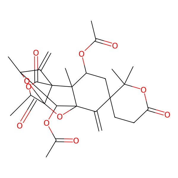 2D Structure of (8-Acetyloxy-2,2',2',9,13-pentamethyl-6,16-dimethylidene-6',11,15-trioxospiro[10,14,17-trioxapentacyclo[7.6.1.17,12.01,12.02,7]heptadecane-5,3'-oxane]-3-yl) acetate
