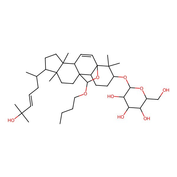 2D Structure of (2R,3R,4S,5S,6R)-2-[[(1R,4S,5S,8R,9R,12S,13S,16S,19R)-19-butoxy-8-[(E,2R)-6-hydroxy-6-methylhept-4-en-2-yl]-5,9,17,17-tetramethyl-18-oxapentacyclo[10.5.2.01,13.04,12.05,9]nonadec-2-en-16-yl]oxy]-6-(hydroxymethyl)oxane-3,4,5-triol