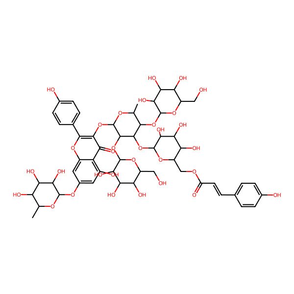 2D Structure of [(2R,3S,4S,5R,6S)-3,4,5-trihydroxy-6-[(2S,3R,4R,5S,6S)-2-[5-hydroxy-2-(4-hydroxyphenyl)-4-oxo-7-[(2S,3R,4R,5R,6S)-3,4,5-trihydroxy-6-methyloxan-2-yl]oxychromen-3-yl]oxy-6-methyl-3,5-bis[[(2S,3R,4S,5S,6R)-3,4,5-trihydroxy-6-(hydroxymethyl)oxan-2-yl]oxy]oxan-4-yl]oxyoxan-2-yl]methyl (E)-3-(4-hydroxyphenyl)prop-2-enoate