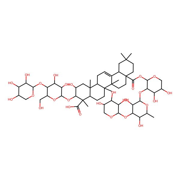 2D Structure of (2R,3S,4S,4aR,6aR,6bS,8aR,12aS,14aR,14bS)-3-[(2R,3R,4S,5R,6R)-3,4-dihydroxy-6-(hydroxymethyl)-5-[(2R,3R,4R,5R)-3,4,5-trihydroxyoxan-2-yl]oxyoxan-2-yl]oxy-8a-[(2R,3S,4S,5R)-3-[(2S,3S,4R,5R,6R)-3,5-dihydroxy-6-methyl-4-[(2R,3S,4S,5S)-3,4,5-trihydroxyoxan-2-yl]oxyoxan-2-yl]oxy-4,5-dihydroxyoxan-2-yl]oxycarbonyl-2-hydroxy-4,6a,6b,11,11,14b-hexamethyl-1,2,3,4a,5,6,7,8,9,10,12,12a,14,14a-tetradecahydropicene-4-carboxylic acid