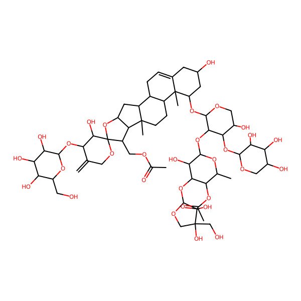 2D Structure of [(1S,2S,3'S,4S,4'S,6S,7R,8R,9S,12S,13R,14R,16R)-14-[(2S,3R,4S,5S)-3-[(2S,3R,4S,5S,6S)-5-acetyloxy-4-[(2S,3R,4R)-3,4-dihydroxy-4-(hydroxymethyl)oxolan-2-yl]oxy-3-hydroxy-6-methyloxan-2-yl]oxy-5-hydroxy-4-[(2S,3R,4S,5R)-3,4,5-trihydroxyoxan-2-yl]oxyoxan-2-yl]oxy-3',16-dihydroxy-9,13-dimethyl-5'-methylidene-4'-[(2R,3R,4S,5S,6R)-3,4,5-trihydroxy-6-(hydroxymethyl)oxan-2-yl]oxyspiro[5-oxapentacyclo[10.8.0.02,9.04,8.013,18]icos-18-ene-6,2'-oxane]-7-yl]methyl acetate