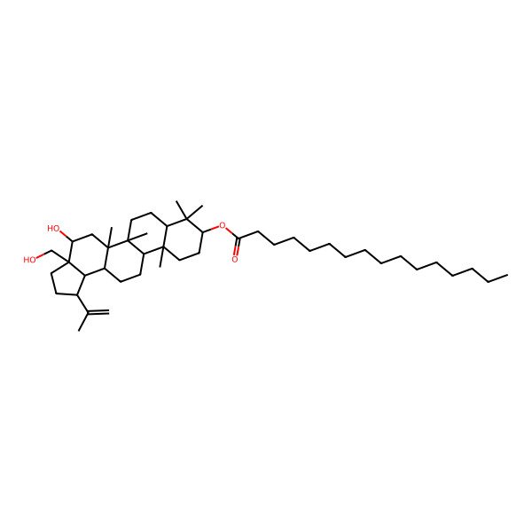 2D Structure of [(1R,3aS,4S,5aR,5bR,7aR,9S,11aR,11bR,13aR,13bR)-4-hydroxy-3a-(hydroxymethyl)-5a,5b,8,8,11a-pentamethyl-1-prop-1-en-2-yl-1,2,3,4,5,6,7,7a,9,10,11,11b,12,13,13a,13b-hexadecahydrocyclopenta[a]chrysen-9-yl] hexadecanoate