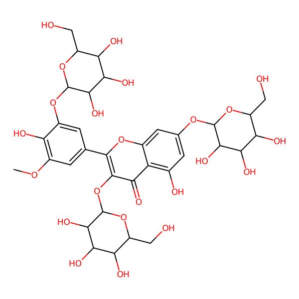 2D Structure of 5-hydroxy-2-[4-hydroxy-3-methoxy-5-[(2S,3R,4S,5S,6R)-3,4,5-trihydroxy-6-(hydroxymethyl)oxan-2-yl]oxyphenyl]-3,7-bis[[(2S,3R,4S,5S,6R)-3,4,5-trihydroxy-6-(hydroxymethyl)oxan-2-yl]oxy]chromen-4-one