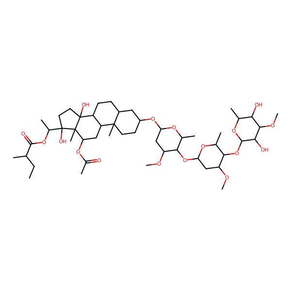 2D Structure of [(1S)-1-[(3S,5S,8R,9S,10S,12R,13S,14S,17S)-12-acetyloxy-3-[(2S,4S,5R,6R)-5-[(2S,4R,5R,6R)-5-[(2S,3R,4S,5R,6R)-3,5-dihydroxy-4-methoxy-6-methyloxan-2-yl]oxy-4-methoxy-6-methyloxan-2-yl]oxy-4-methoxy-6-methyloxan-2-yl]oxy-14,17-dihydroxy-10,13-dimethyl-2,3,4,5,6,7,8,9,11,12,15,16-dodecahydro-1H-cyclopenta[a]phenanthren-17-yl]ethyl] (2R)-2-methylbutanoate