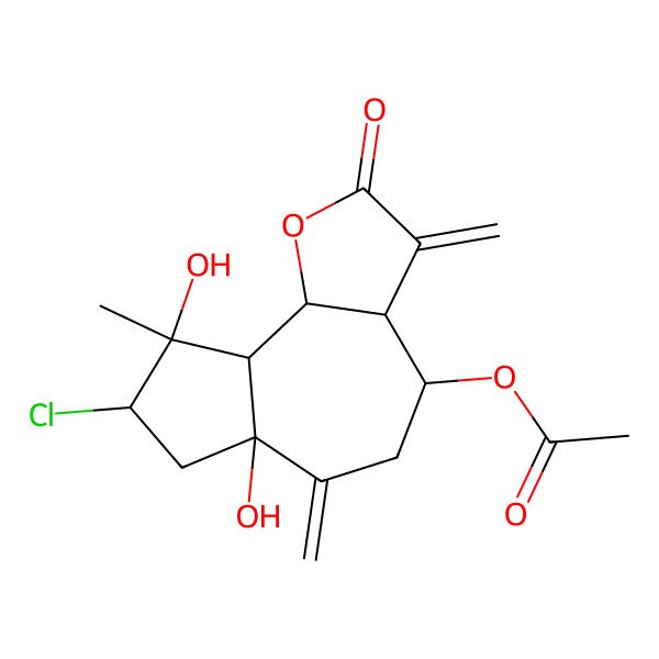 2D Structure of (8-chloro-6a,9-dihydroxy-9-methyl-3,6-dimethylidene-2-oxo-4,5,7,8,9a,9b-hexahydro-3aH-azuleno[4,5-b]furan-4-yl) acetate