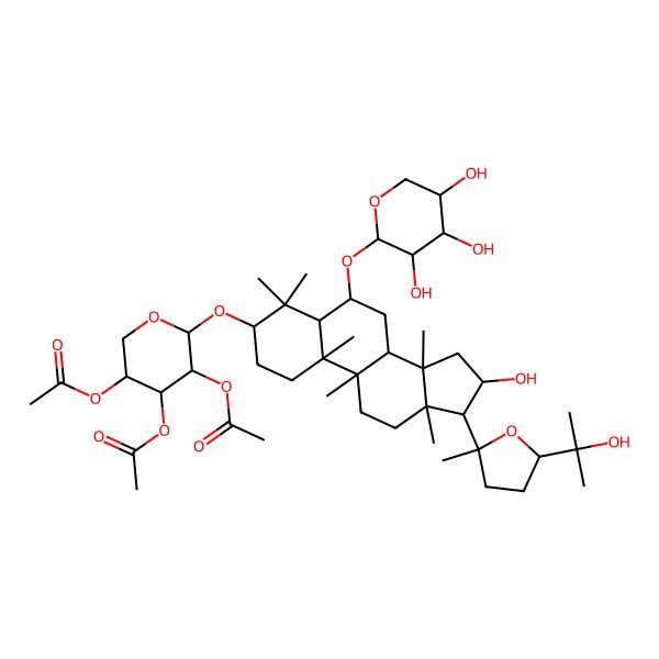 2D Structure of [(3R,4S,5R,6S)-4,5-diacetyloxy-6-[[(3S,5R,6S,8R,9R,10S,13R,14S,16S,17R)-16-hydroxy-17-[(2R,5S)-5-(2-hydroxypropan-2-yl)-2-methyloxolan-2-yl]-4,4,9,10,13,14-hexamethyl-6-[(2S,3R,4S,5R)-3,4,5-trihydroxyoxan-2-yl]oxy-1,2,3,5,6,7,8,11,12,15,16,17-dodecahydrocyclopenta[a]phenanthren-3-yl]oxy]oxan-3-yl] acetate