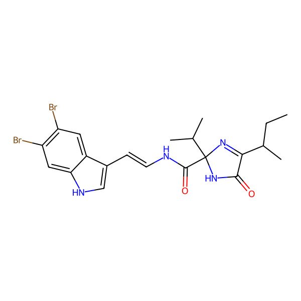 2D Structure of (2S)-4-[(2R)-butan-2-yl]-N-[(Z)-2-(5,6-dibromo-1H-indol-3-yl)ethenyl]-5-oxo-2-propan-2-yl-1H-imidazole-2-carboxamide