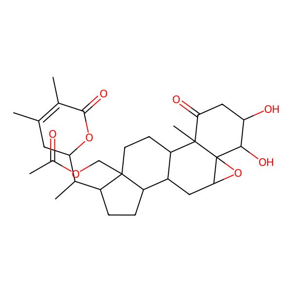 2D Structure of [15-[1-(4,5-Dimethyl-6-oxo-2,3-dihydropyran-2-yl)ethyl]-5,6-dihydroxy-2-methyl-3-oxo-8-oxapentacyclo[9.7.0.02,7.07,9.012,16]octadecan-16-yl]methyl acetate