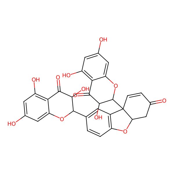2D Structure of (4aR,9bS)-8,9b-bis[(2S,3R)-3,5,7-trihydroxy-4-oxo-2,3-dihydrochromen-2-yl]-4,4a-dihydrodibenzofuran-3-one