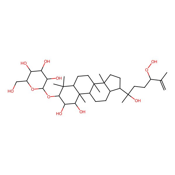 2D Structure of 2-[[17-(5-hydroperoxy-2-hydroxy-6-methylhept-6-en-2-yl)-1,2-dihydroxy-4,4,8,10,14-pentamethyl-2,3,5,6,7,9,11,12,13,15,16,17-dodecahydro-1H-cyclopenta[a]phenanthren-3-yl]oxy]-6-(hydroxymethyl)oxane-3,4,5-triol