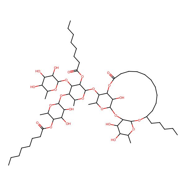 2D Structure of [(2S,3R,4S,5R,6S)-4,5-dihydroxy-2-methyl-6-[(2S,3S,4R,5R,6S)-2-methyl-5-octanoyloxy-6-[[(1S,3R,4S,5R,6R,8R,10S,22S,23S,24S,26R)-4,5,26-trihydroxy-6,24-dimethyl-20-oxo-10-pentyl-2,7,9,21,25-pentaoxatricyclo[20.3.1.03,8]hexacosan-23-yl]oxy]-4-[(2S,3R,4R,5R,6S)-3,4,5-trihydroxy-6-methyloxan-2-yl]oxyoxan-3-yl]oxyoxan-3-yl] octanoate