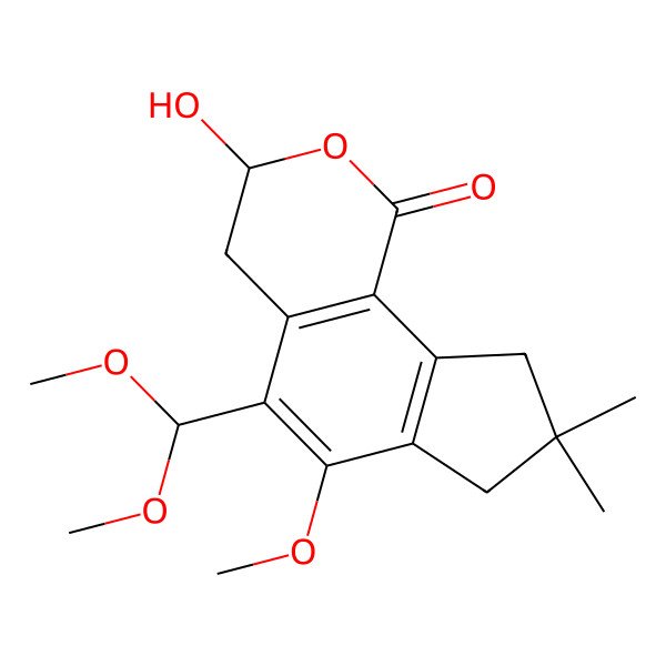 2D Structure of (3R)-5-(dimethoxymethyl)-3-hydroxy-6-methoxy-8,8-dimethyl-3,4,7,9-tetrahydrocyclopenta[h]isochromen-1-one