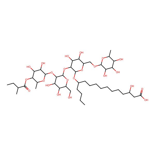 2D Structure of (3R,12S)-12-[(2R,3R,4S,5S,6R)-3-[(2S,3R,4S,5S,6R)-3-[(2S,3R,4S,5R,6S)-3,4-dihydroxy-6-methyl-5-[(2S)-2-methylbutanoyl]oxyoxan-2-yl]oxy-4,5-dihydroxy-6-(hydroxymethyl)oxan-2-yl]oxy-4,5-dihydroxy-6-[[(2R,3R,4R,5R,6S)-3,4,5-trihydroxy-6-methyloxan-2-yl]oxymethyl]oxan-2-yl]oxy-3-hydroxyhexadecanoic acid