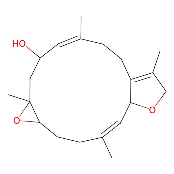 2D Structure of (1R,2E,6S,8S,10S,11E)-3,8,12,16-tetramethyl-7,18-dioxatricyclo[13.3.0.06,8]octadeca-2,11,15-trien-10-ol