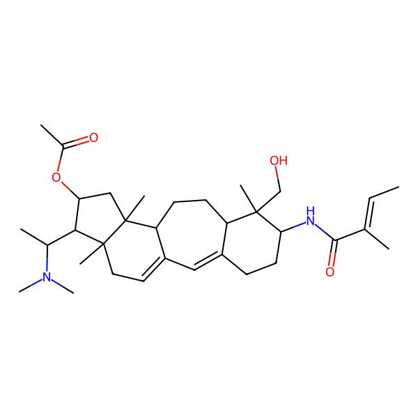 2D Structure of [(6S,7R,8R,11R,12S,14R,15S,16R)-15-[(1S)-1-(dimethylamino)ethyl]-7-(hydroxymethyl)-7,12,16-trimethyl-6-[[(E)-2-methylbut-2-enoyl]amino]-14-tetracyclo[9.7.0.03,8.012,16]octadeca-1(18),2-dienyl] acetate