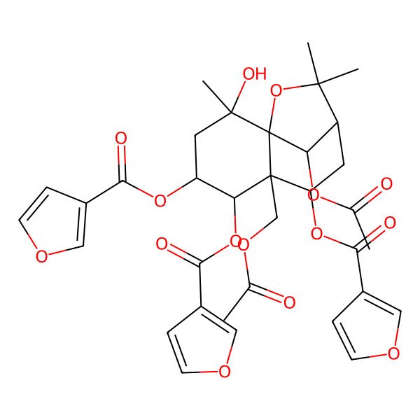 2D Structure of NCGC00384623-01_C34H36O15_(1S,2S,4S,5R,6R,7S,9R,12R)-12-Acetoxy-6-(acetoxymethyl)-2-hydroxy-2,10,10-trimethyl-11-oxatricyclo[7.2.1.0~1,6~]dodecane-4,5,7-triyl tri(3-furoate)