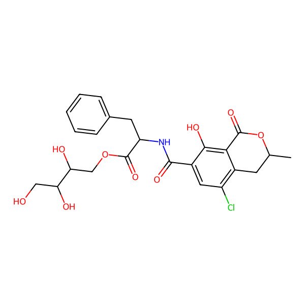 2D Structure of 2,3,4-Trihydroxybutyl 2-[(5-chloro-8-hydroxy-3-methyl-1-oxo-3,4-dihydroisochromene-7-carbonyl)amino]-3-phenylpropanoate