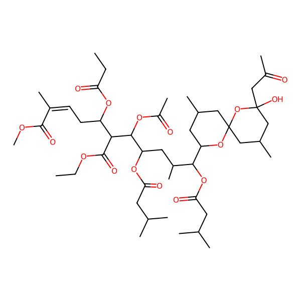 2D Structure of 7-O-ethyl 1-O-methyl (E,5S,6S)-6-[(1R,2R,4S,5S)-1-acetyloxy-5-[(2S,4R,6S,8S,10S)-2-hydroxy-4,10-dimethyl-2-(2-oxopropyl)-1,7-dioxaspiro[5.5]undecan-8-yl]-4-methyl-2,5-bis(3-methylbutanoyloxy)pentyl]-2-methyl-5-propanoyloxyhept-2-enedioate