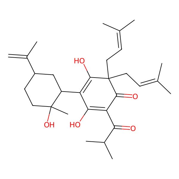 2D Structure of 3,5-dihydroxy-4-[(1R,2R,5S)-2-hydroxy-2-methyl-5-prop-1-en-2-ylcyclohexyl]-6,6-bis(3-methylbut-2-enyl)-2-(2-methylpropanoyl)cyclohexa-2,4-dien-1-one