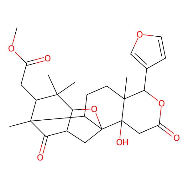 2D Structure of methyl 2-[(1S,2S,5S,6S,10S,11S,13S,14R,16S)-6-(furan-3-yl)-10-hydroxy-1,5,15,15-tetramethyl-8,17-dioxo-7,18-dioxapentacyclo[11.3.1.111,14.02,11.05,10]octadecan-16-yl]acetate
