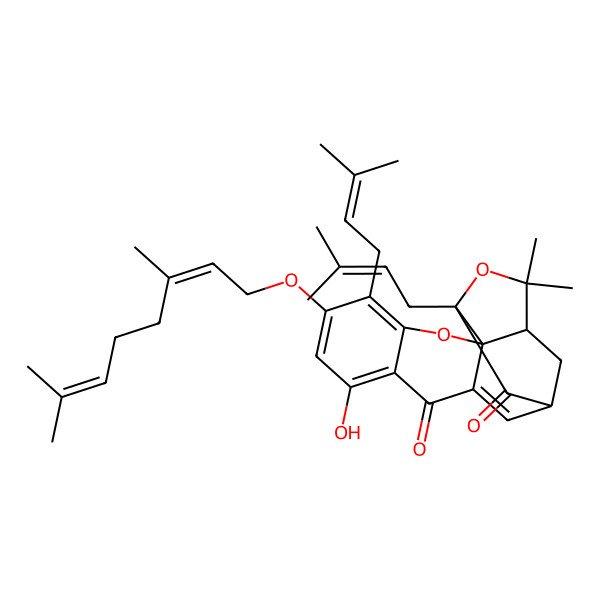 2D Structure of 6-(3,7-Dimethylocta-2,6-dienoxy)-8-hydroxy-17,17-dimethyl-5,15-bis(3-methylbut-2-enyl)-3,16-dioxapentacyclo[11.4.1.02,11.02,15.04,9]octadeca-4(9),5,7,11-tetraene-10,14-dione