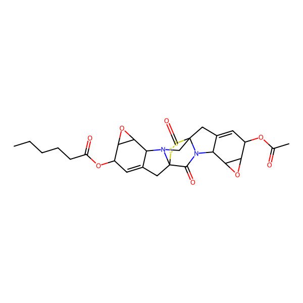 2D Structure of (19-Acetyloxy-2,13-dioxo-6,17-dioxa-23,24-dithia-3,14-diazaoctacyclo[10.10.2.01,14.03,12.04,10.05,7.015,21.016,18]tetracosa-9,20-dien-8-yl) hexanoate