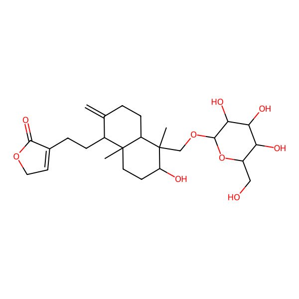 2D Structure of 4-[2-[6-hydroxy-5,8a-dimethyl-2-methylidene-5-[[3,4,5-trihydroxy-6-(hydroxymethyl)oxan-2-yl]oxymethyl]-3,4,4a,6,7,8-hexahydro-1H-naphthalen-1-yl]ethyl]-2H-furan-5-one