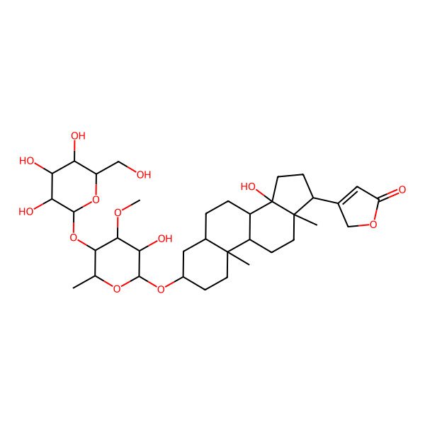 2D Structure of 3-[(3S,5R,8R,9S,10S,13R,14S,17R)-14-hydroxy-3-[(2R,3R,4R,5R,6R)-3-hydroxy-4-methoxy-6-methyl-5-[(2S,3R,4S,5S,6R)-3,4,5-trihydroxy-6-(hydroxymethyl)oxan-2-yl]oxyoxan-2-yl]oxy-10,13-dimethyl-1,2,3,4,5,6,7,8,9,11,12,15,16,17-tetradecahydrocyclopenta[a]phenanthren-17-yl]-2H-furan-5-one