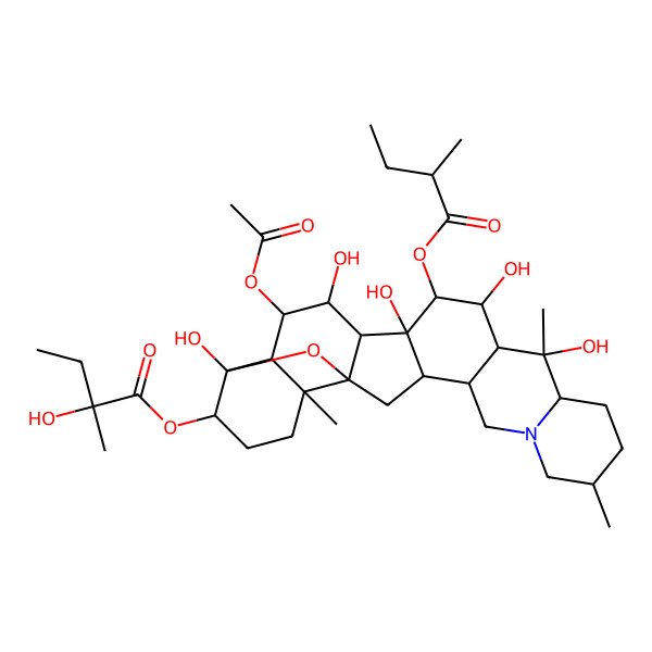 2D Structure of [17-Acetyloxy-10,12,14,16,23-pentahydroxy-6,10,19-trimethyl-13-(2-methylbutanoyloxy)-24-oxa-4-azaheptacyclo[12.12.0.02,11.04,9.015,25.018,23.019,25]hexacosan-22-yl] 2-hydroxy-2-methylbutanoate