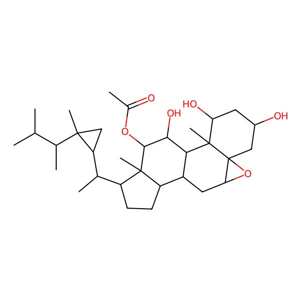 2D Structure of [(1S,2S,3S,5S,7R,9S,11S,12S,15R,16R,17S,18S)-3,5,18-trihydroxy-2,16-dimethyl-15-[(1R)-1-[(1R,2S)-2-methyl-2-[(2S)-3-methylbutan-2-yl]cyclopropyl]ethyl]-8-oxapentacyclo[9.7.0.02,7.07,9.012,16]octadecan-17-yl] acetate