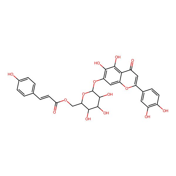 2D Structure of [(2R,3S,4S,5R,6S)-6-[2-(3,4-dihydroxyphenyl)-5,6-dihydroxy-4-oxochromen-7-yl]oxy-3,4,5-trihydroxyoxan-2-yl]methyl (E)-3-(4-hydroxyphenyl)prop-2-enoate