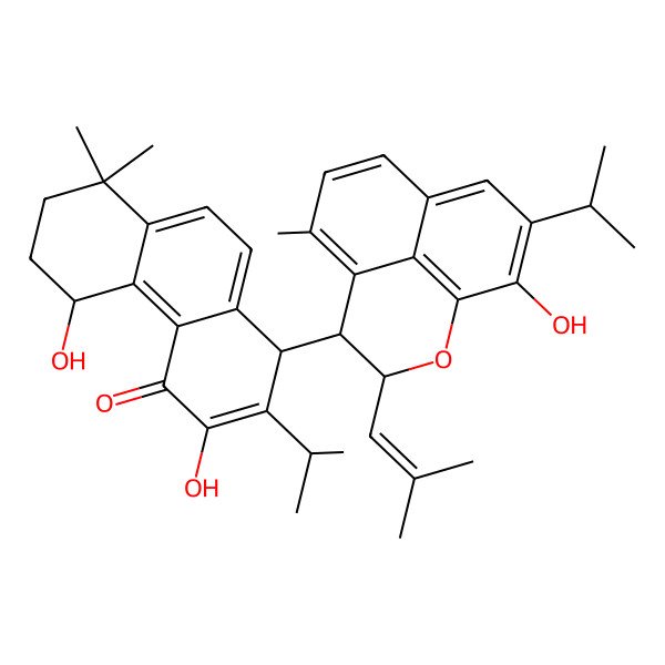 2D Structure of (1S,5S)-3,5-dihydroxy-1-[(3S,4R)-12-hydroxy-6-methyl-3-(2-methylprop-1-enyl)-11-propan-2-yl-2-oxatricyclo[7.3.1.05,13]trideca-1(13),5,7,9,11-pentaen-4-yl]-8,8-dimethyl-2-propan-2-yl-1,5,6,7-tetrahydrophenanthren-4-one