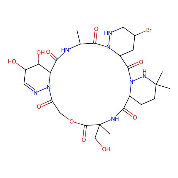 2D Structure of 5-Bromo-14,15-dihydroxy-23-(hydroxymethyl)-10,23,29,29-tetramethyl-21-oxa-1,7,8,11,17,18,24,30-octazatetracyclo[24.4.0.03,8.013,18]triacont-16-ene-2,9,12,19,22,25-hexone