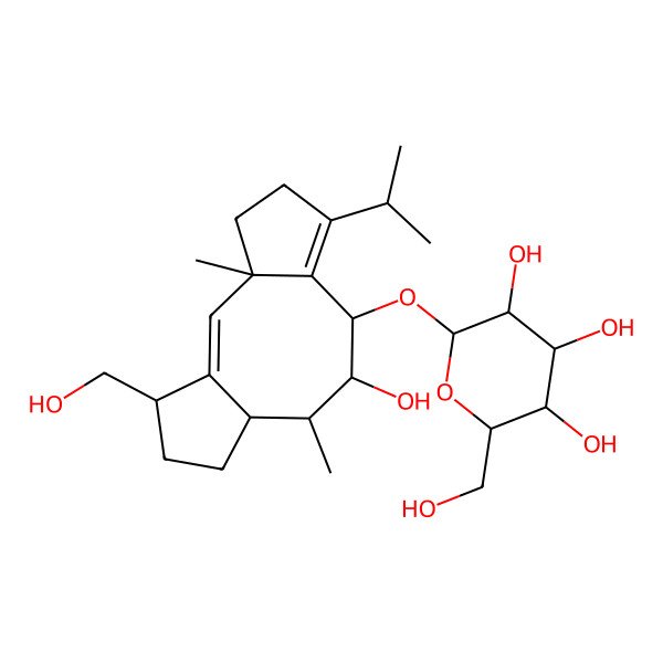 2D Structure of 2-[[9-Hydroxy-14-(hydroxymethyl)-3,10-dimethyl-6-propan-2-yl-8-tricyclo[9.3.0.03,7]tetradeca-1,6-dienyl]oxy]-6-(hydroxymethyl)oxane-3,4,5-triol