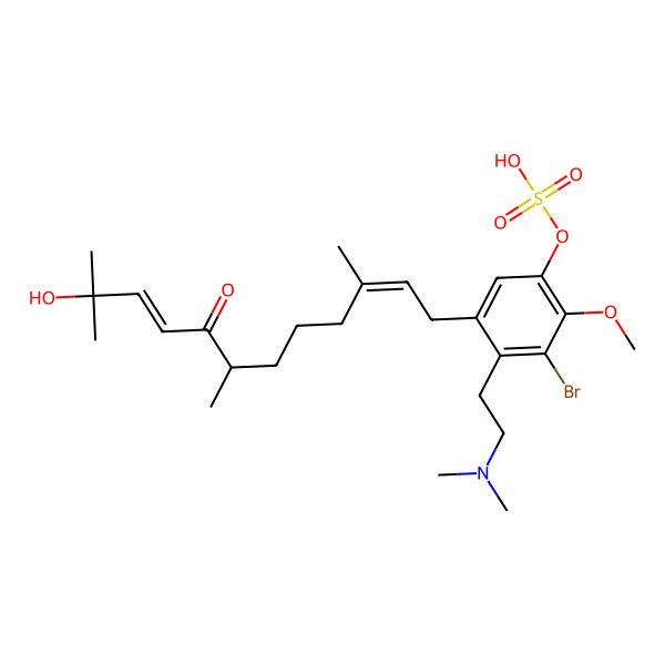 2D Structure of [3-bromo-4-[2-(dimethylamino)ethyl]-5-[(2E,7R,9E)-11-hydroxy-3,7,11-trimethyl-8-oxododeca-2,9-dienyl]-2-methoxyphenyl] hydrogen sulfate