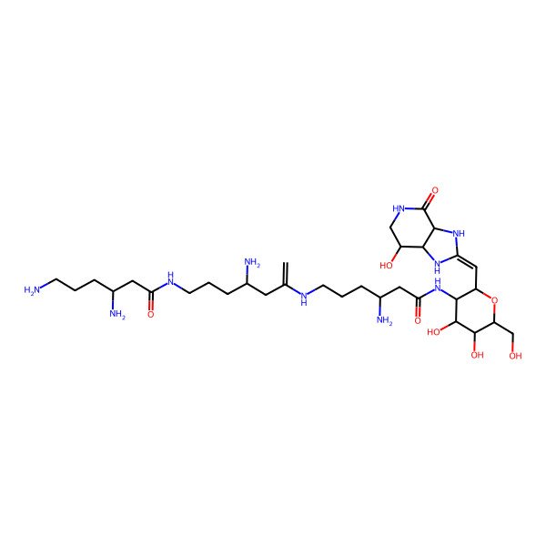 2D Structure of (3S)-N-[(4S)-6-[[(4S)-6-[[2-[(Z)-[(3aR,7R,7aS)-7-hydroxy-4-oxo-3,3a,5,6,7,7a-hexahydro-1H-imidazo[4,5-c]pyridin-2-ylidene]methyl]-4,5-dihydroxy-6-(hydroxymethyl)oxan-3-yl]amino]-4-amino-6-oxohexyl]amino]-4-aminohept-6-enyl]-3,6-diaminohexanamide