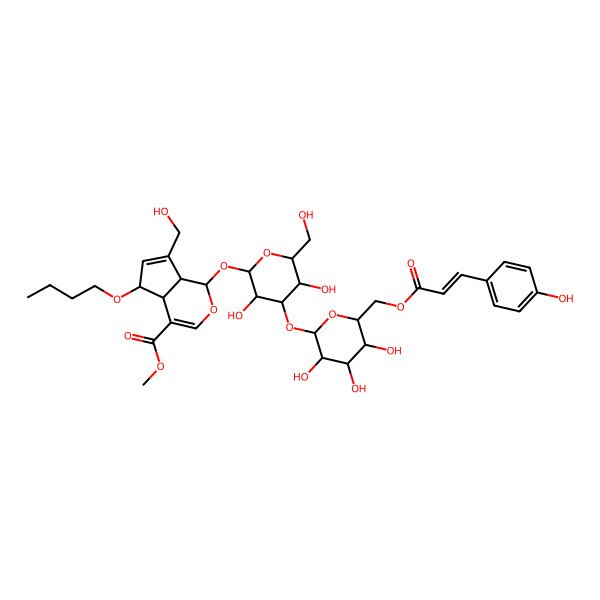 2D Structure of methyl (1S,4aS,5S,7aS)-5-butoxy-1-[(2S,3R,4S,5R,6R)-3,5-dihydroxy-6-(hydroxymethyl)-4-[(2S,3R,4S,5S,6R)-3,4,5-trihydroxy-6-[[(Z)-3-(4-hydroxyphenyl)prop-2-enoyl]oxymethyl]oxan-2-yl]oxyoxan-2-yl]oxy-7-(hydroxymethyl)-1,4a,5,7a-tetrahydrocyclopenta[c]pyran-4-carboxylate