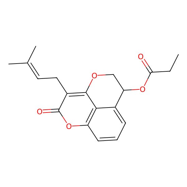 2D Structure of [4-(3-Methylbut-2-enyl)-3-oxo-2,6-dioxatricyclo[7.3.1.05,13]trideca-1(12),4,9(13),10-tetraen-8-yl] propanoate