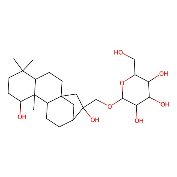 2D Structure of (2R,3R,4S,5S,6R)-2-[[(1S,4R,8R,9R,10R,13R,14R)-8,14-dihydroxy-5,5,9-trimethyl-14-tetracyclo[11.2.1.01,10.04,9]hexadecanyl]methoxy]-6-(hydroxymethyl)oxane-3,4,5-triol