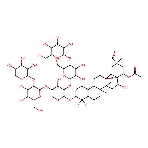 2D Structure of [10-[3-[3,4-Dihydroxy-6-(hydroxymethyl)-5-[3,4,5-trihydroxy-6-(hydroxymethyl)oxan-2-yl]oxyoxan-2-yl]oxy-5-[4,5-dihydroxy-6-(hydroxymethyl)-3-(3,4,5-trihydroxyoxan-2-yl)oxyoxan-2-yl]oxy-4-hydroxyoxan-2-yl]oxy-20-formyl-2-hydroxy-4,5,9,9,13,20-hexamethyl-24-oxahexacyclo[15.5.2.01,18.04,17.05,14.08,13]tetracosan-22-yl] acetate