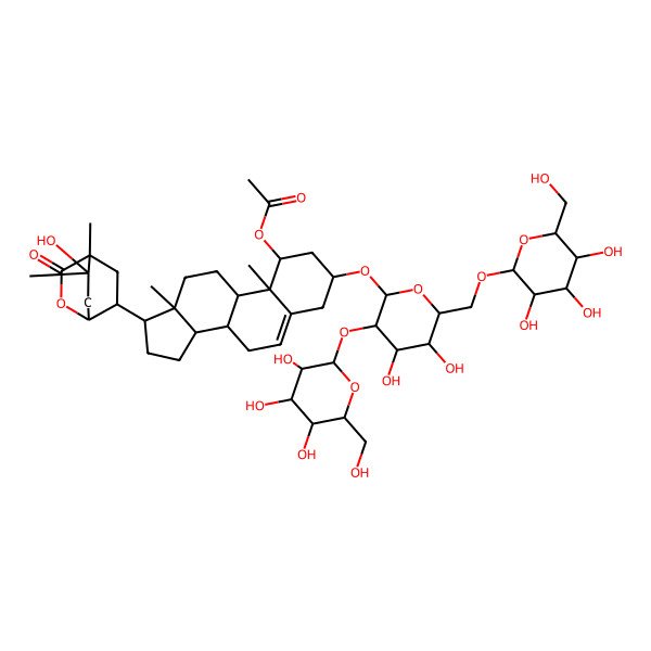 2D Structure of [(1S,3R,8S,9S,10R,13S,14S,17R)-3-[(2R,3R,4S,5S,6R)-4,5-dihydroxy-3-[(2R,3R,4S,5S,6R)-3,4,5-trihydroxy-6-(hydroxymethyl)oxan-2-yl]oxy-6-[[(2R,3R,4S,5S,6R)-3,4,5-trihydroxy-6-(hydroxymethyl)oxan-2-yl]oxymethyl]oxan-2-yl]oxy-17-[(1R,4R,6R,8R)-8-hydroxy-4,8-dimethyl-3-oxo-2-oxabicyclo[2.2.2]octan-6-yl]-10,13-dimethyl-2,3,4,7,8,9,11,12,14,15,16,17-dodecahydro-1H-cyclopenta[a]phenanthren-1-yl] acetate