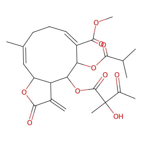 2D Structure of Methyl 4-(2-hydroxy-2-methyl-3-oxobutanoyl)oxy-10-methyl-3-methylidene-5-(2-methylpropanoyloxy)-2-oxo-3a,4,5,8,9,11a-hexahydrocyclodeca[b]furan-6-carboxylate