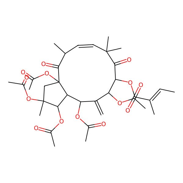 2D Structure of [(1R,2R,3aR,5R,6E,10R,11S,13R,13aS)-1,2,3a,11,13-pentaacetyloxy-2,5,8,8-tetramethyl-12-methylidene-4,9-dioxo-3,5,10,11,13,13a-hexahydro-1H-cyclopenta[12]annulen-10-yl] (Z)-2-methylbut-2-enoate