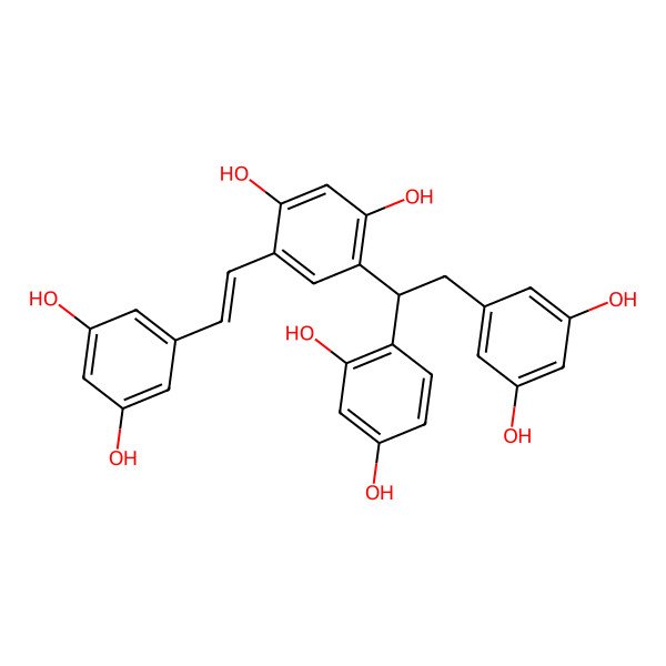 2D Structure of 4-[1-(2,4-Dihydroxyphenyl)-2-(3,5-dihydroxyphenyl)ethyl]-6-[2-(3,5-dihydroxyphenyl)ethenyl]benzene-1,3-diol