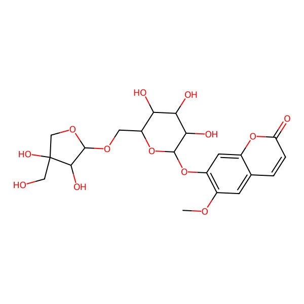 2D Structure of 7-[(2S,3S,4R,5R,6S)-6-[[(2R,3R,4R)-3,4-dihydroxy-4-(hydroxymethyl)oxolan-2-yl]oxymethyl]-3,4,5-trihydroxyoxan-2-yl]oxy-6-methoxychromen-2-one