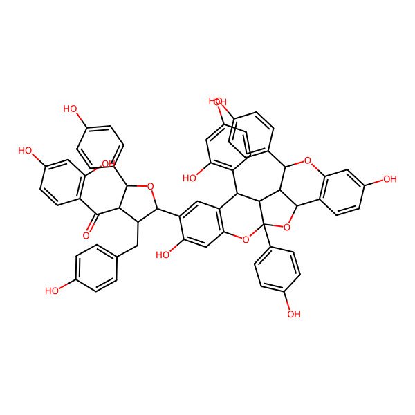 2D Structure of (2,4-Dihydroxyphenyl)-[5-[3-(2,4-dihydroxyphenyl)-7,17-dihydroxy-11,21-bis(4-hydroxyphenyl)-10,12,20-trioxapentacyclo[11.8.0.02,11.04,9.014,19]henicosa-4(9),5,7,14(19),15,17-hexaen-6-yl]-2-(4-hydroxyphenyl)-4-[(4-hydroxyphenyl)methyl]oxolan-3-yl]methanone