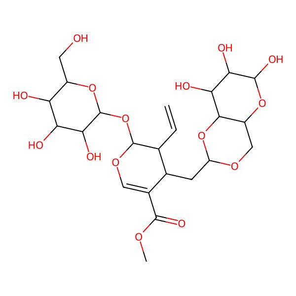 2D Structure of methyl (2S,3R,4S)-4-[[(2R,4aR,6S,7R,8R,8aS)-6,7,8-trihydroxy-4,4a,6,7,8,8a-hexahydropyrano[3,2-d][1,3]dioxin-2-yl]methyl]-3-ethenyl-2-[(2S,3R,4S,5S,6R)-3,4,5-trihydroxy-6-(hydroxymethyl)oxan-2-yl]oxy-3,4-dihydro-2H-pyran-5-carboxylate