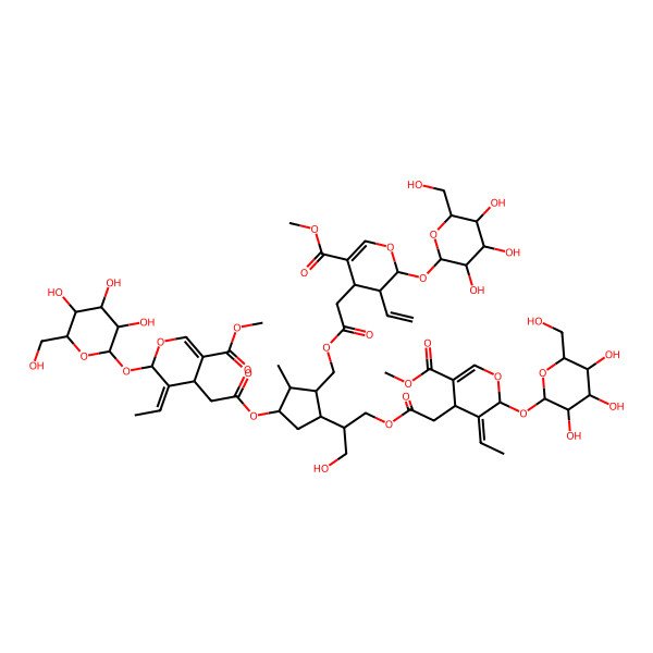 2D Structure of methyl (4S,5E,6S)-4-[2-[(2S)-2-[(1R,2S,3R,4R)-2-[[2-[(2S,3R,4S)-3-ethenyl-5-methoxycarbonyl-2-[(2S,3R,4S,5S,6R)-3,4,5-trihydroxy-6-(hydroxymethyl)oxan-2-yl]oxy-3,4-dihydro-2H-pyran-4-yl]acetyl]oxymethyl]-4-[2-[(2S,3E,4S)-3-ethylidene-5-methoxycarbonyl-2-[(2S,3R,4S,5S,6R)-3,4,5-trihydroxy-6-(hydroxymethyl)oxan-2-yl]oxy-4H-pyran-4-yl]acetyl]oxy-3-methylcyclopentyl]-3-hydroxypropoxy]-2-oxoethyl]-5-ethylidene-6-[(2S,3R,4S,5S,6R)-3,4,5-trihydroxy-6-(hydroxymethyl)oxan-2-yl]oxy-4H-pyran-3-carboxylate