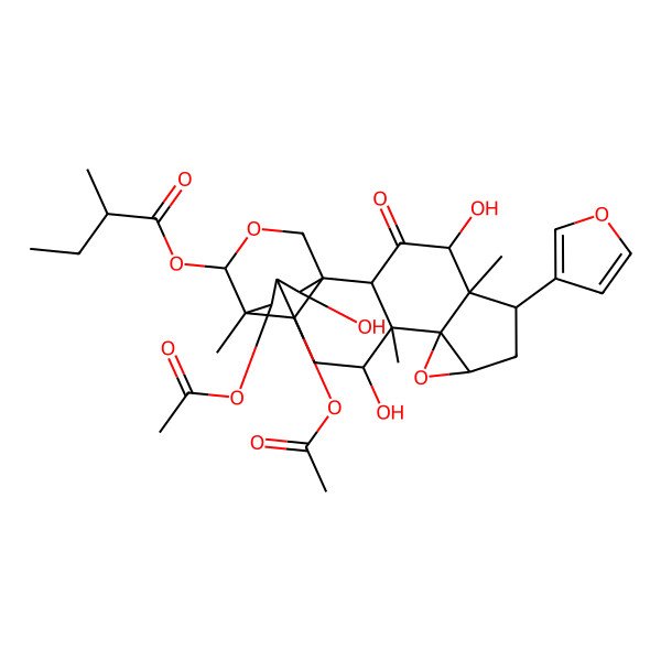 2D Structure of [(1S,2R,4R,5R,6S,8R,10S,11S,12R,14R,15R,16R,19R,20R,21S)-20,21-diacetyloxy-6-(furan-3-yl)-4,12,19-trihydroxy-5,11,15-trimethyl-3-oxo-9,17-dioxahexacyclo[13.3.3.01,14.02,11.05,10.08,10]henicosan-16-yl] (2R)-2-methylbutanoate